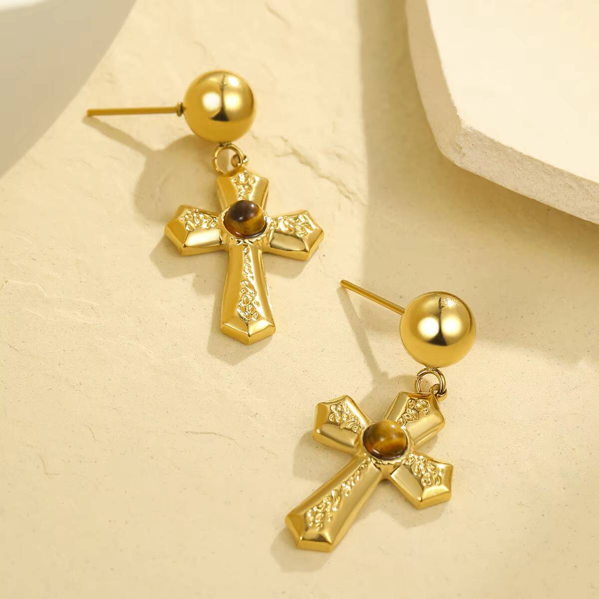 Europe United States Cross Earrings with Stainless Steel Natural Stone Diamond Main Stone Advanced Design Cross-Border Wholesale