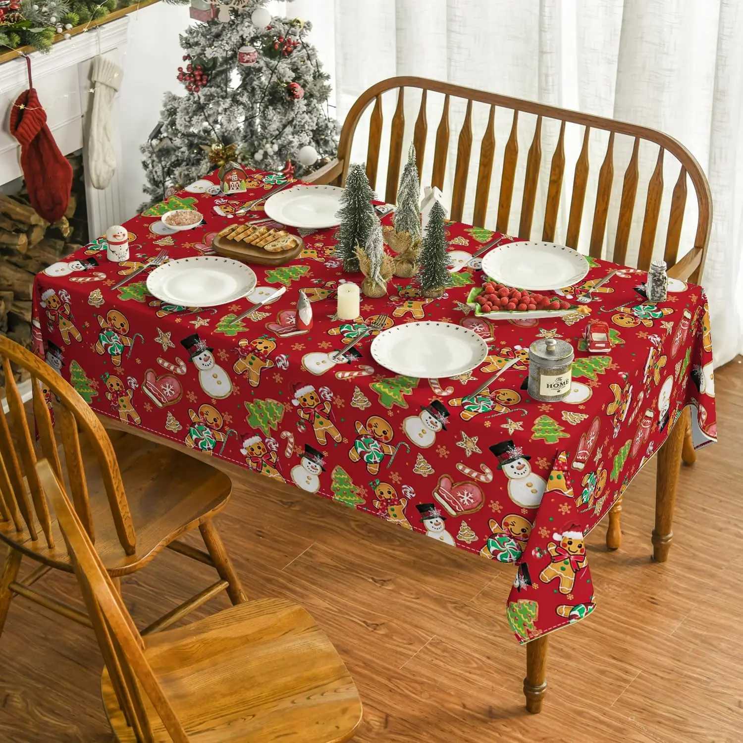 Christmas Merry Christmas Gingerbread Man Polyester Tablecloth for Table Decor Winter Xmas Kitchen Dining Table Cloth Christmas Decoration Y251113