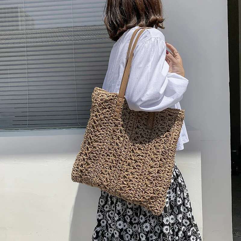 Handmade Beach Bag Square Hollow Straw Beach Handmade Woven Shoulder Raffia Rattan Shopping Travel Bag Bohemian Summer Vacation Casual Tote Kq1