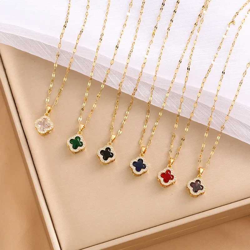 Luxury The multicolored zircon four-leaf clover necklace is a unique and fashionable collarbone chain design for women Y251112