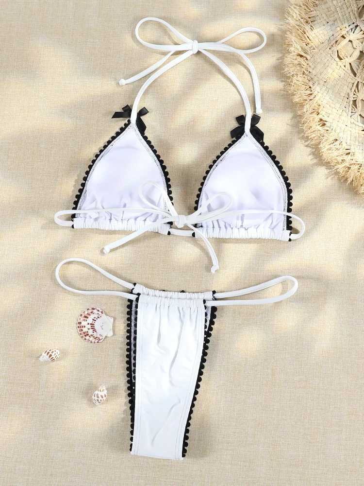 Micro Bowknot Bikinis Set for Women Patchwork Swimsuit Summer Beach Wear White Thong Swimwear Swimming Bathing Suit 2025W251113