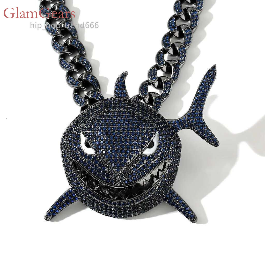 Hip-hop whale shark 12mm black plated Cuban blue moissanite full dia men boy iced out necklace chain