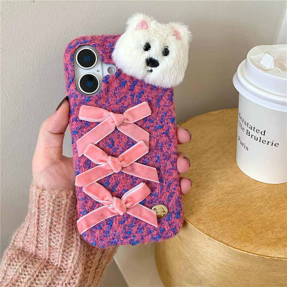 Bowknot Plush Dog Phone Case Compatible with iPhone 16/15 Pro Max Love Bracelet iPhone 14/13/12 Pro Cartoon