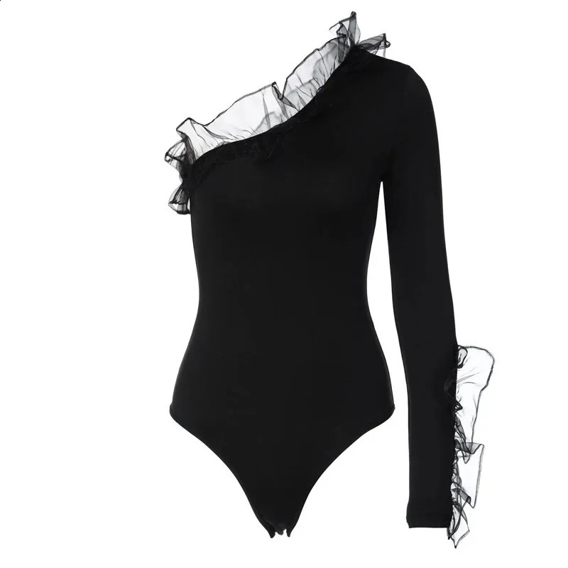 Womens mesh pleated Oblique shoulder collar bodysuit single sleeve jumpsuit slim fit fashion Y2K 5192 250411