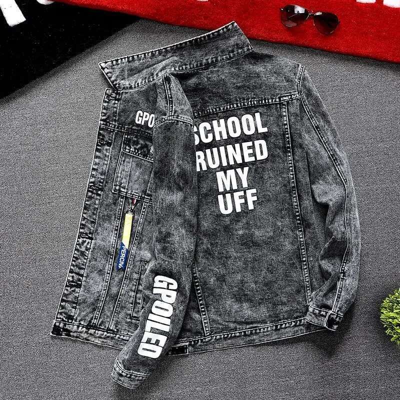 Male Jean Coats Button Punk Men's Denim Jacket Red Slim Fit With Print Worn Large Size Trendy Korean Style Designer Cowboy G L