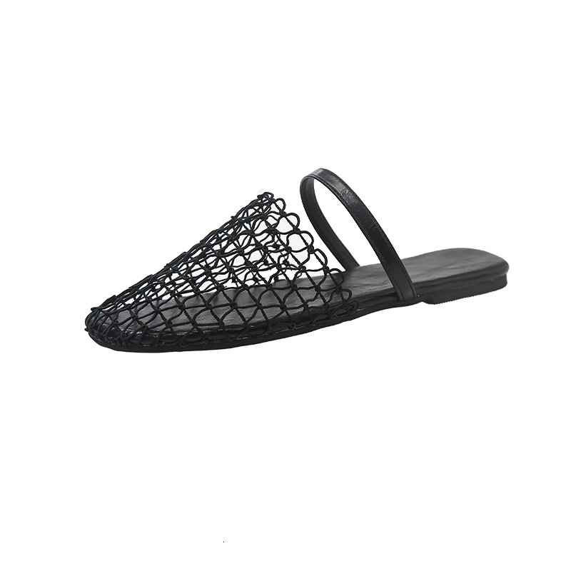 Summer new fisherman flat bottomed round toe half slippers, niche fish net woven hollow Roman sandals for women