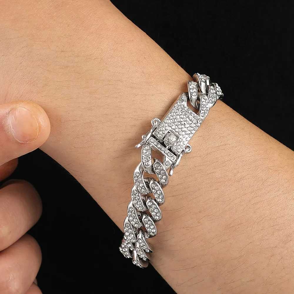 HipHop Men Women 13MM Prong Cuban Link Chain Bracelet Bling Iced Out 2 Row Rhinestone Paved Miami Rhombus Cuban Chain JewelryC250411