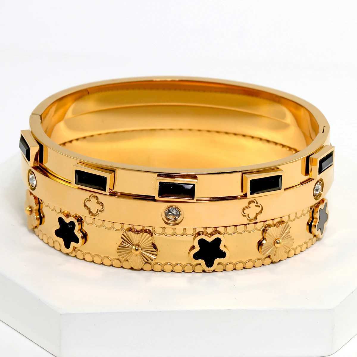 3pcs/Set European And American Fashion Stainless Steel Bracelet For Women With Flower Design Jewelry Bangle SetsC250411
