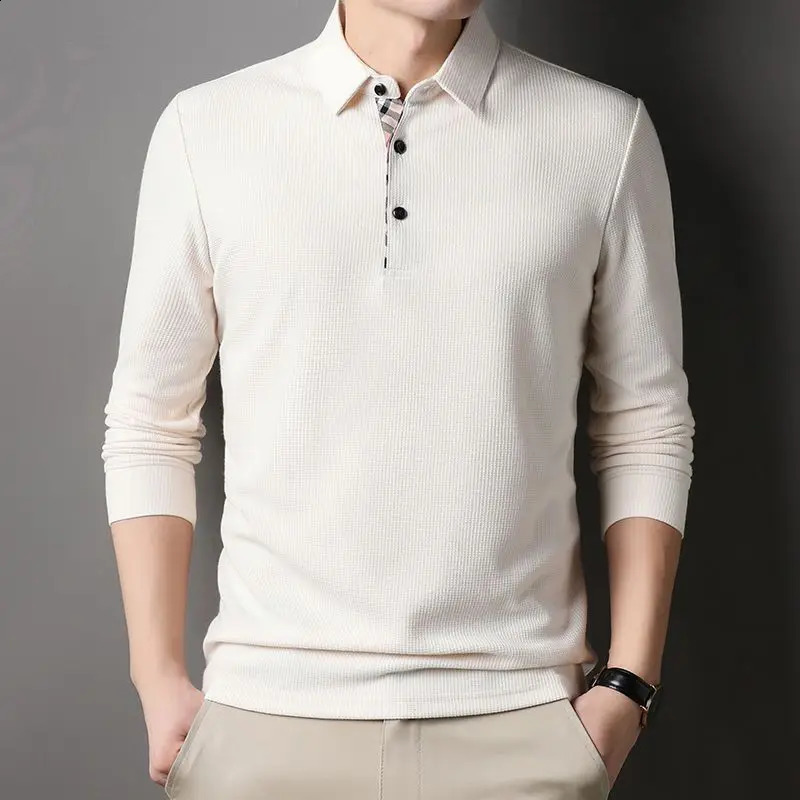 Mens fashionable long sleeved solid casual polo shirt spring and autumn loose street clothing mens lapel plain weave business office top 250409
