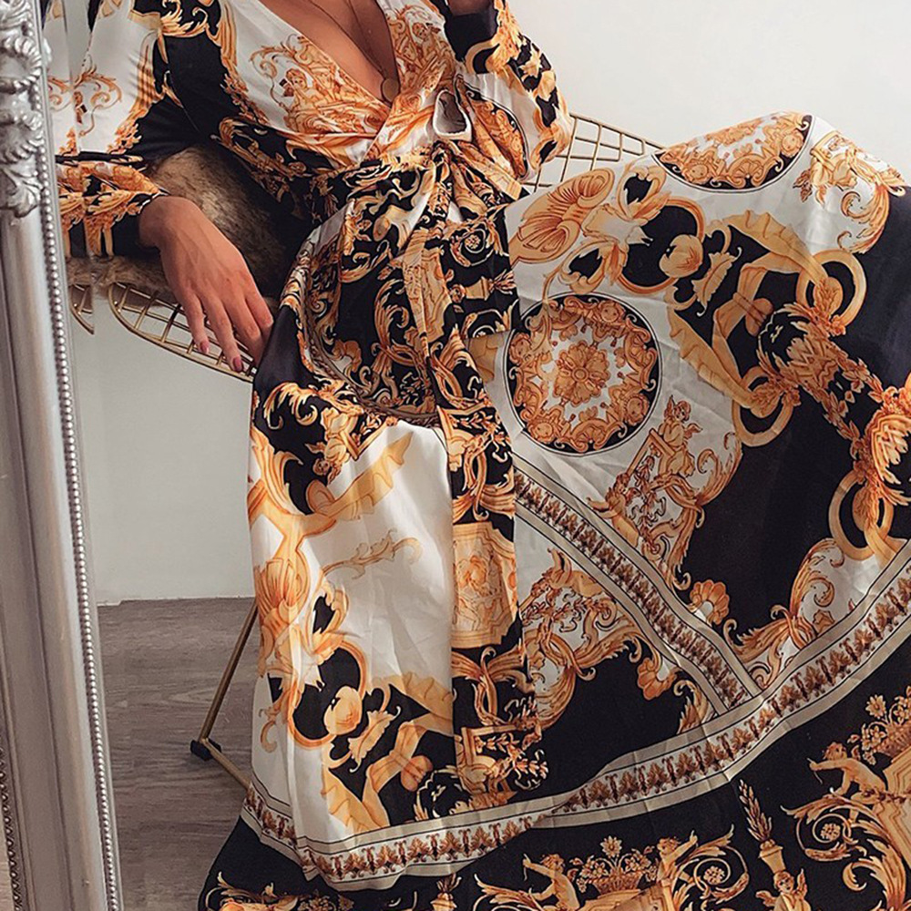 2025 Evening Dress Printed Dress V-neck Hooded Long Sleeve Large Swing Split Long Dress