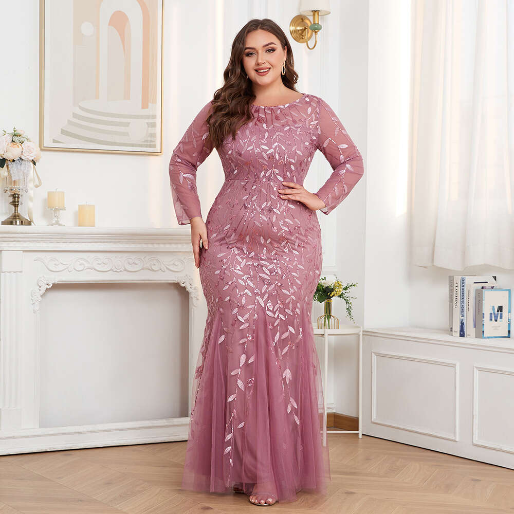 Designer Plus Size 2025 Hot Selling Sleeved Round Neck Fully Lined Back Zipper Fish Tail Long Skirt Embroidered Evening Gown