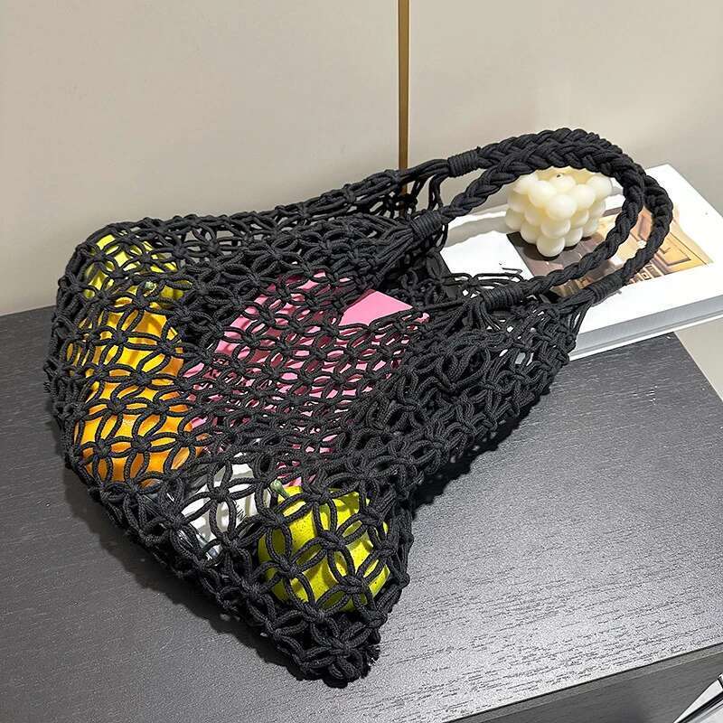 Handmade Beach Bag Women Bucket Cotton Beach Casual Hollow Out Solid Soft High-Capacity Shoulder Bag Travel Handbag Kq1