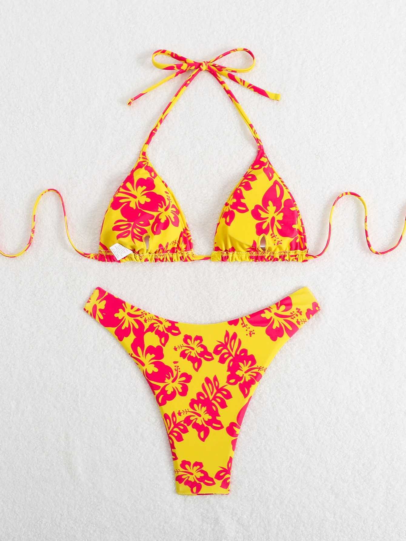 Summer retro floral print 2-piece bikini lace up swimsuit sexy high waisted womens swimsuitW251113