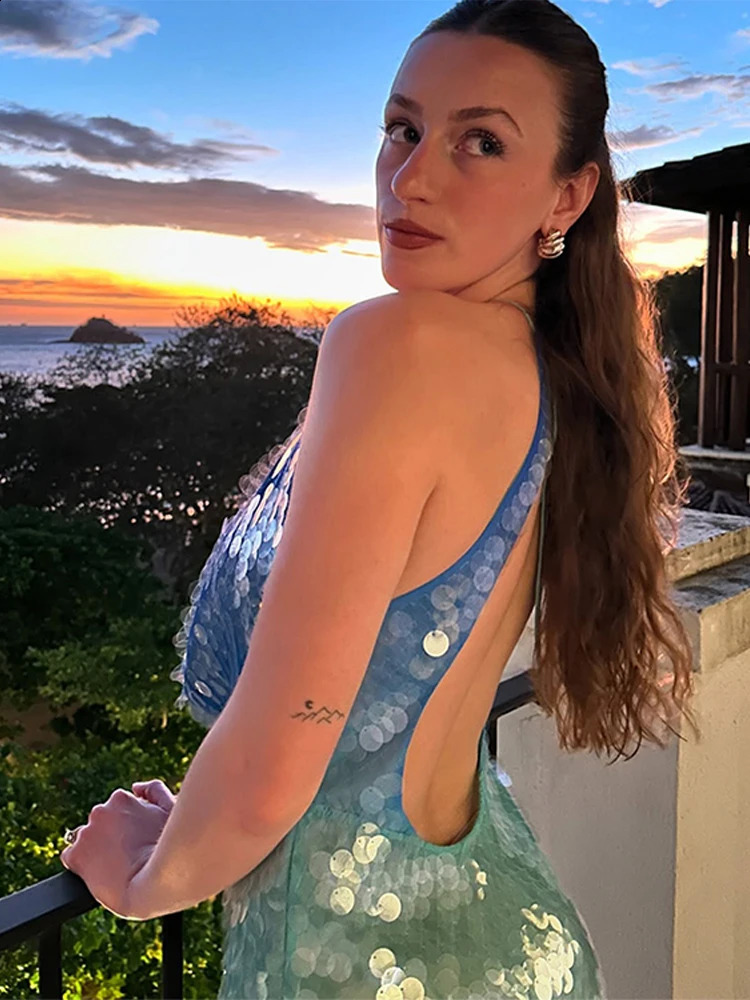 Fashion Sequins Backless Patchwork Halter Mini Dress For Women Backless Sleeveless Party Dress Summer Street Glitter Vestidos 250409