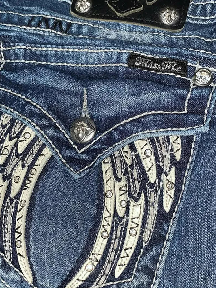 American retro ultrathin Flare jeans Y2k Harajuku Gothic pocket embroidered blue denim pants low waist wide leg Trouser 250410