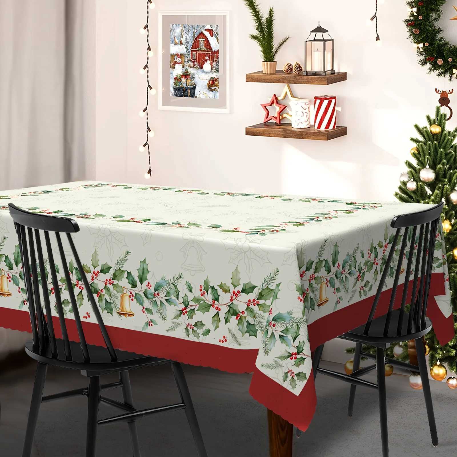 Christmas Merry Christmas Holly Berries Waterproof Tablecloth for Table Decor Winter Xmas Kitchen Dining Table Coth Christmas Decorations Y251113