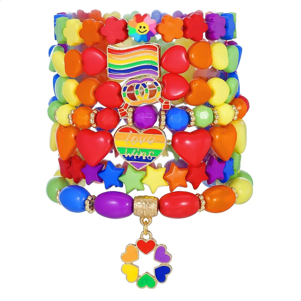 7Pc/s Simple Creative Love Five Star Rainbow Flag Color Simple Fashion Wind Elastic Bead Bracelet Set 250409