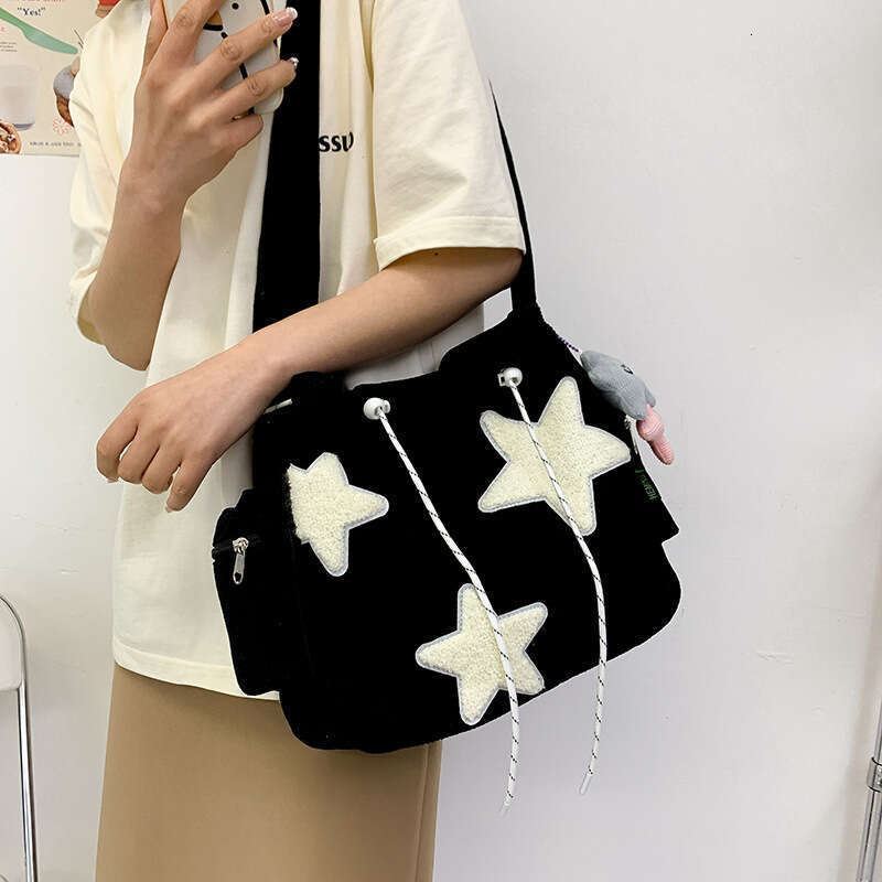 Large capacity corduroy women's single shoulder with high-end feeling, five pointed star crossbody cute student tote bag factory batch