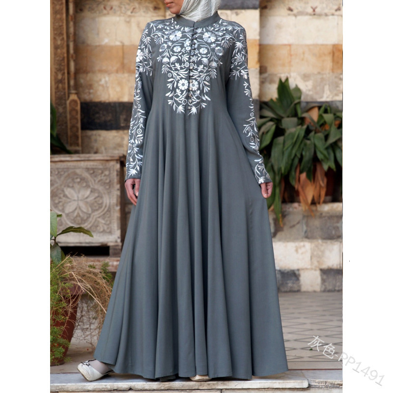 2025 New Dress Ethnic Style Womens Long Sleeved Printed Stand Up Collar Large Swing Long Skirt