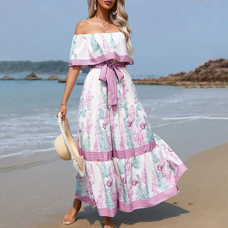Spring and Summer New Off Shoulder Printed Long Swing Dress