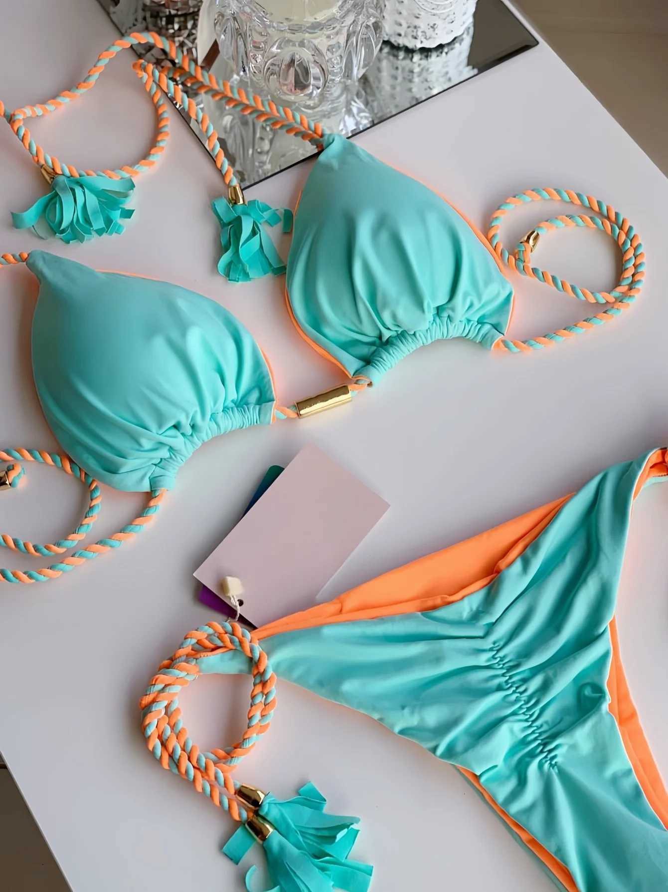 Sexy Solid color Two-piece Triangle Swimwear Womens Swimsuit Braiding rope Bikinis Set Beach Bathing Suit Brazilian BiquinisW251113