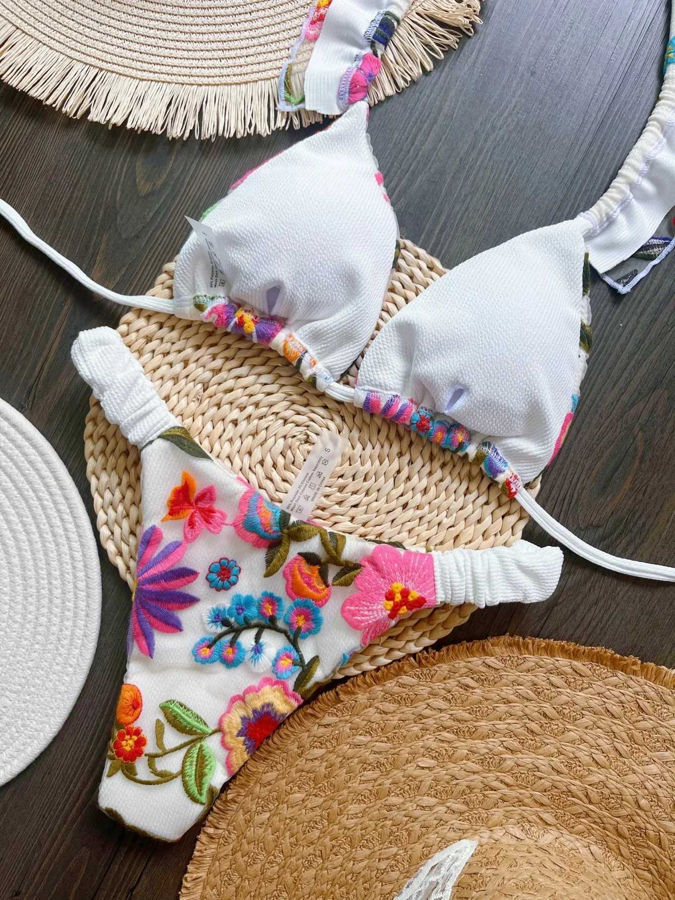 RUOTONSEPT 2024 New Sexy Handmade Embroidery Bikini Set Womens Swimsuit Triangle Swimwear Bathing Suit Brazilian BiquinisW251113