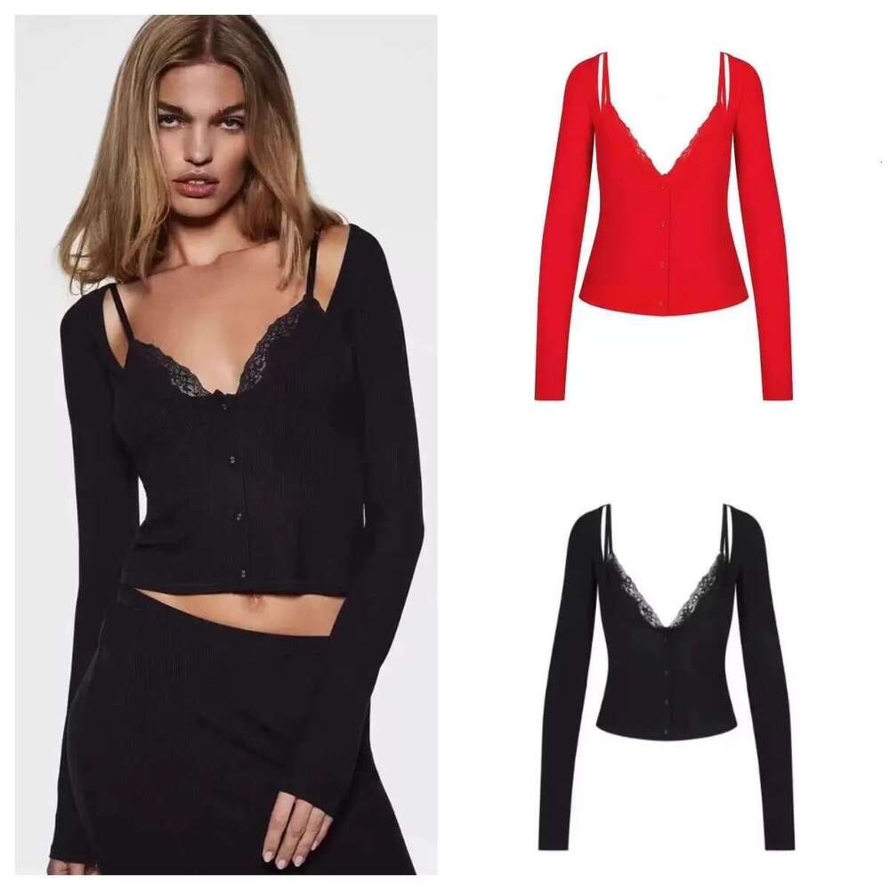 Women's Wear Ski Black Lace Vest Fake Two-Piece Design With Built-In Triangle Cup Underwear Low-Neck Top