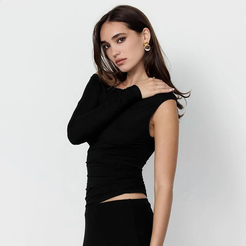 CUTENOVA Womens Autumn Irregular Top Slant Collar Solid Color Single Sleeve Strapless Micro Wrinkle Fashion Y2K 250407