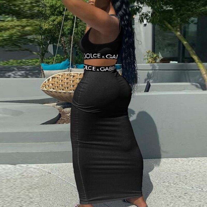 9 days arrived Summer New Fashion Casual Vest High Waist Bodycon Long Skirt Letter Ribbon Casual Two-Piece Set for Women - view 3