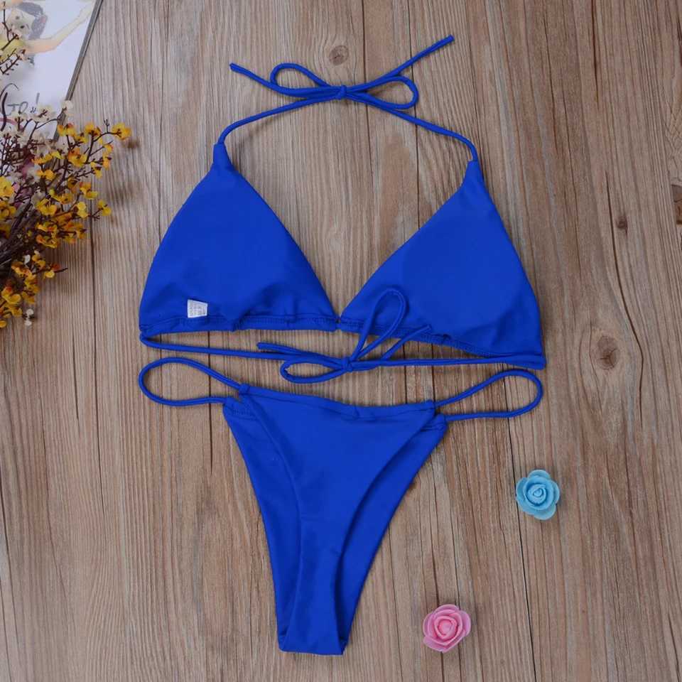 2Pcs Summer Women Bikini Set Side Tie Sexy Swimsuit Bandage Style Brazilian Swimwear Solid Color Swimming Bathing SuitW251113