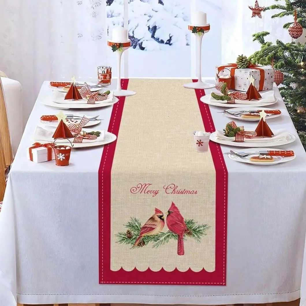 Christmas Christmas Table Runner With Red Bird On Pine Tree Winter Holiday Decor Kitchen Dining Table Decoration Home Party Table Flag Y251113