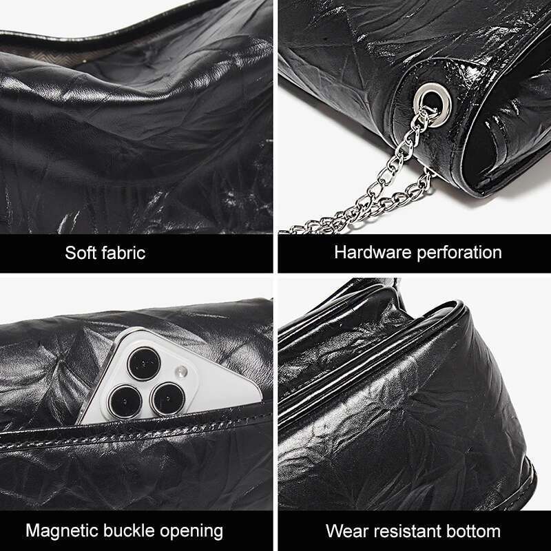 FOXER Women Genuine Leather + PU Shoulder Handbag Classic Fashion Black Tote Chain Bag