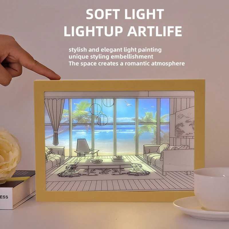 Beautiful LED Light Painting Indoor Sunlight Window Wooden Photo Light Dimming Wall Artwork Table Lamp Home Decor Night Lamp M251113