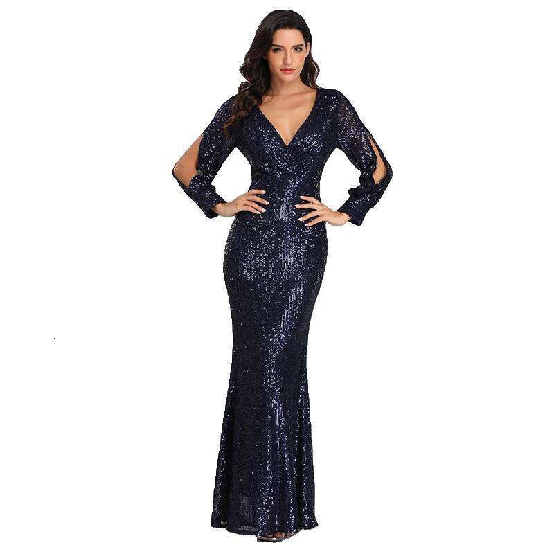 Designer Spring And Autumn Hot Selling Dresses Multi Color Large Size Long Sleeved V-Neck Sequin Fish Tail Evening Dress For Women