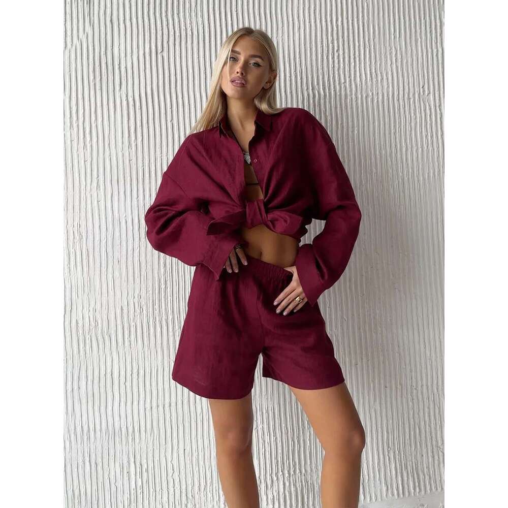 Wolfeel 100% Cotton Women's Casual Sets Solid Color Cozy Lapel Long Sleeve Shirt Summer Loose Elastic Waist Shorts Suits