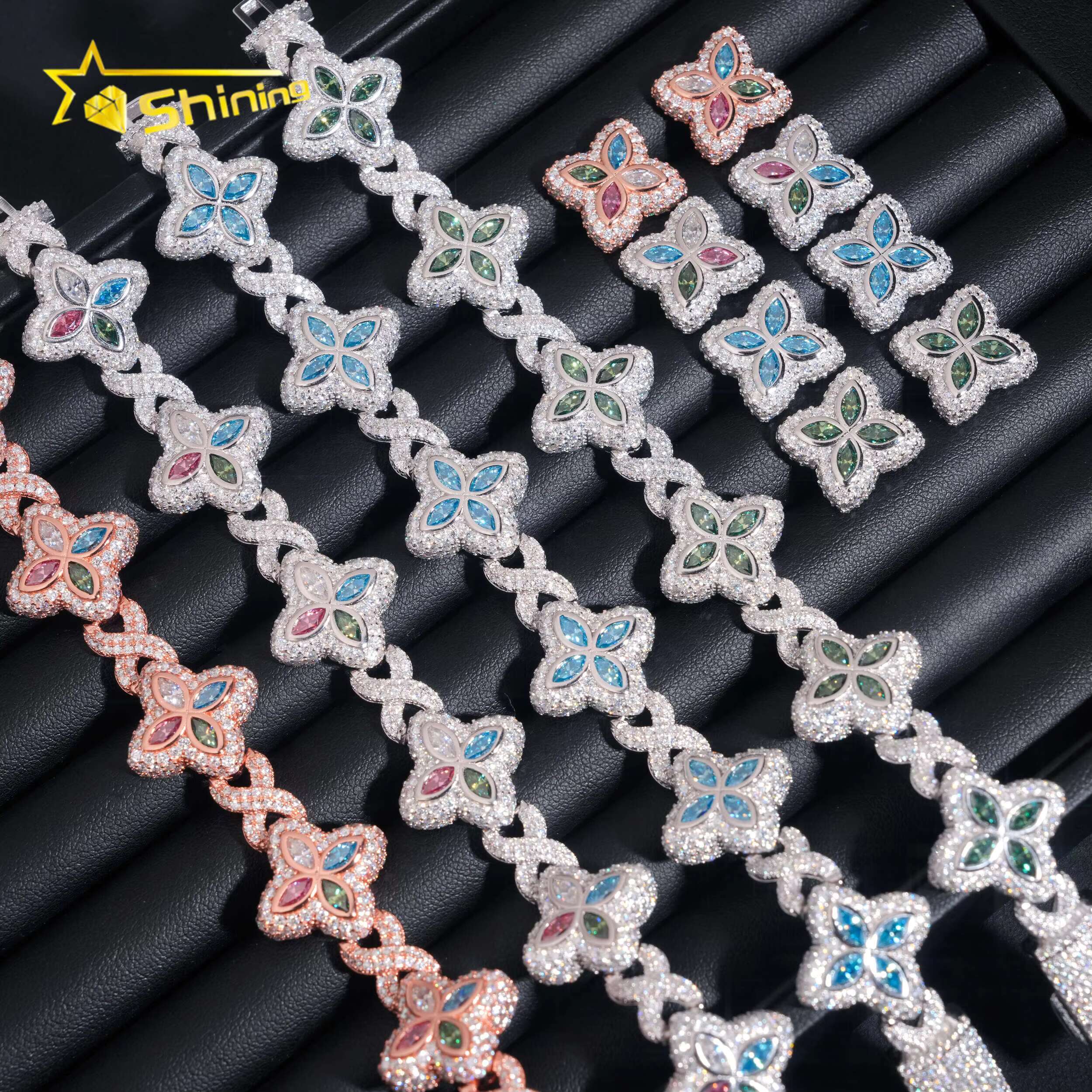 Hip Hop 925 Silver 18MM Width Colored Clover Moissanite Bracelet with Earrings Custom Iced Out Fine Jewelry Sets for Men Women