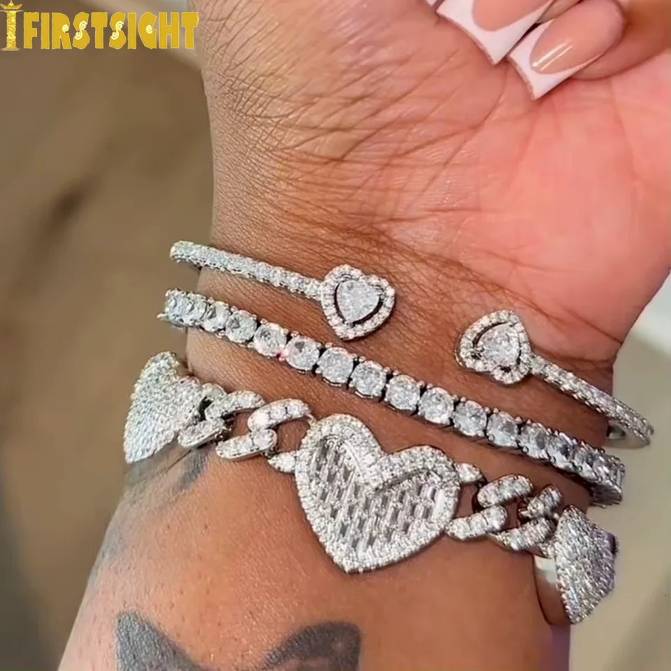 Opened Heart Charm Bracelet Iced Out Bling Gold Silver Color 3MM CZ Tennis Chain Bracelet For Women Jewelry 251110