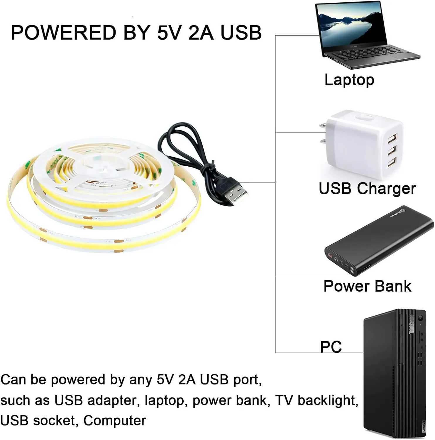 DC 5V USB LED COB Strip White Warm White LED Strip Light TV Background Lighting Tape Home Decor Lamp 1- 5m LED String Light W251112