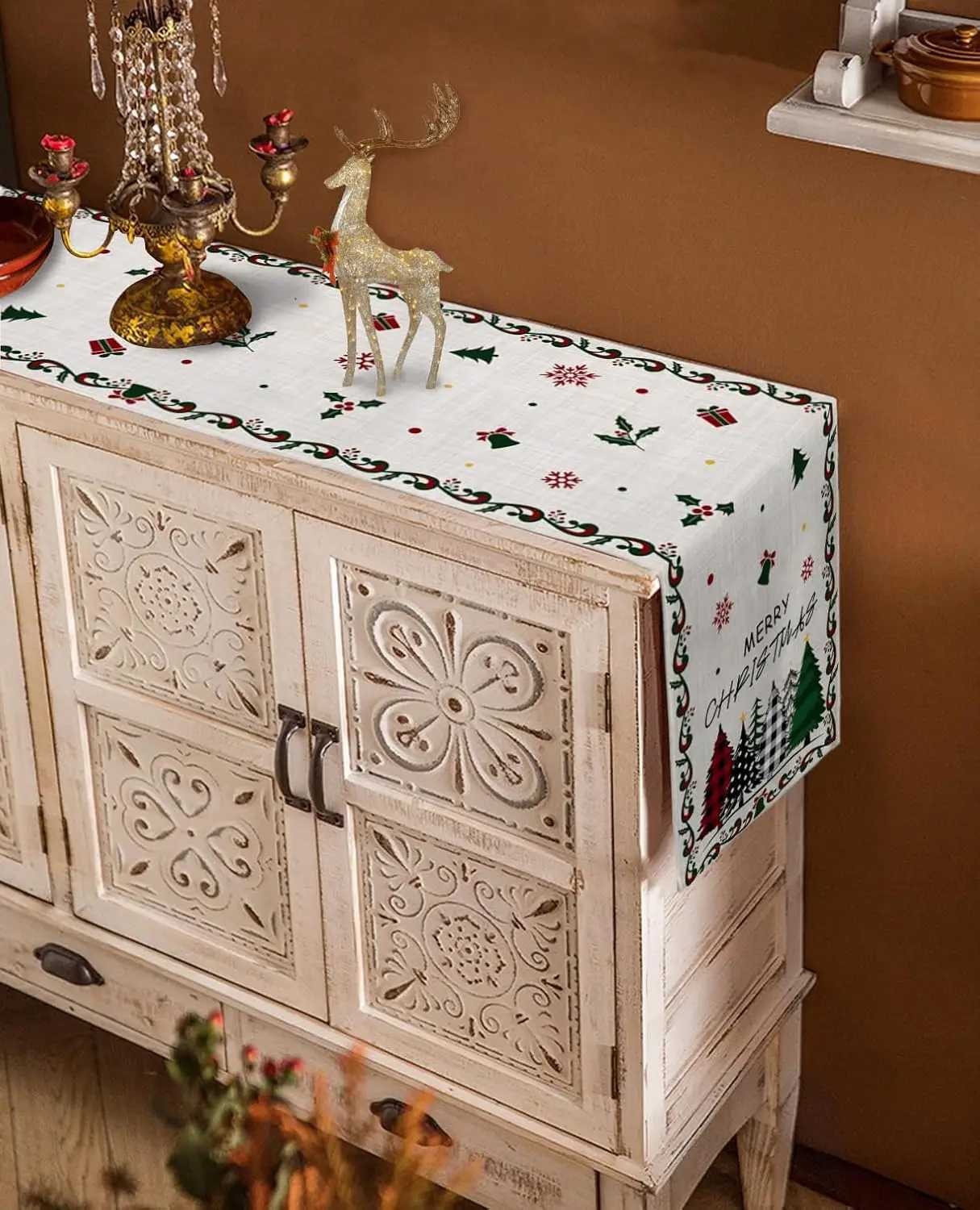 Christmas Christmas Tree Snowflake Bufflao Plaid Linen Table Runner Dresser Scarf for Xmas Party Decor Washable Kitchen Dining Table Decor Y251113