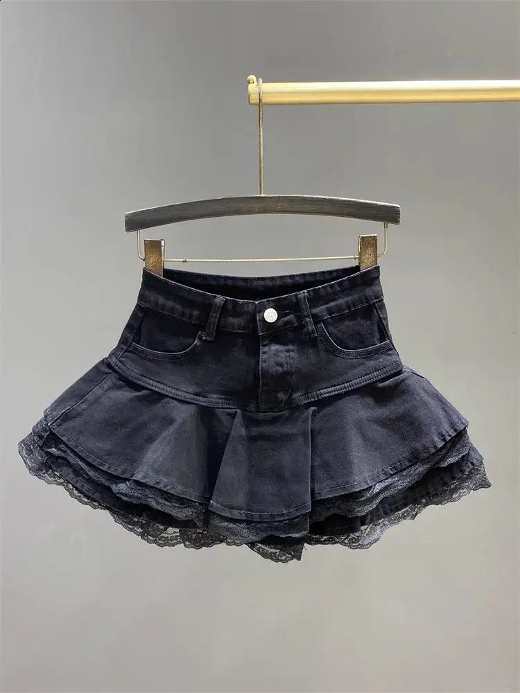 retro stretch denim cake pleated skirt for women summer lace spliced puffy skirt mini skirt 250407