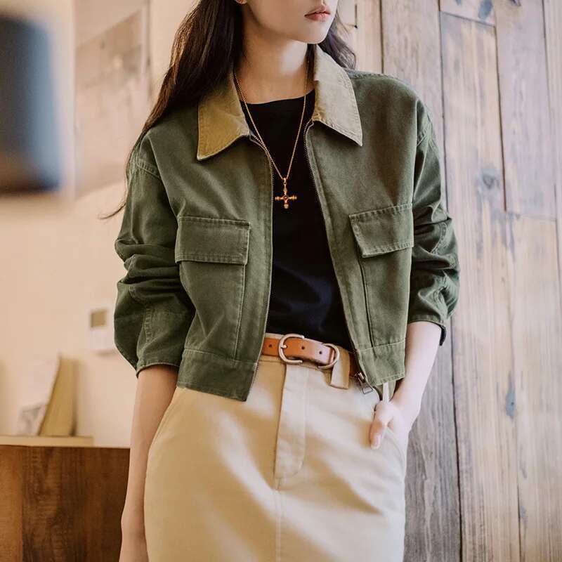 Designer Clothes Maden Women's Autumn Barn Style Color Blocked Canvas Safari Jacket Spliced Turn - Down Collar Workwear Vintage Charm Outwear