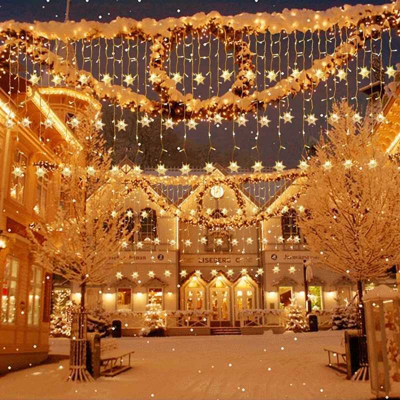 Snowflake Garland Christmas Lights Outdoor 2025 Led Icicle Curtain Garlands 9M 162LEDs Solar Power Waterproof IP44 New Year Xmas M251113