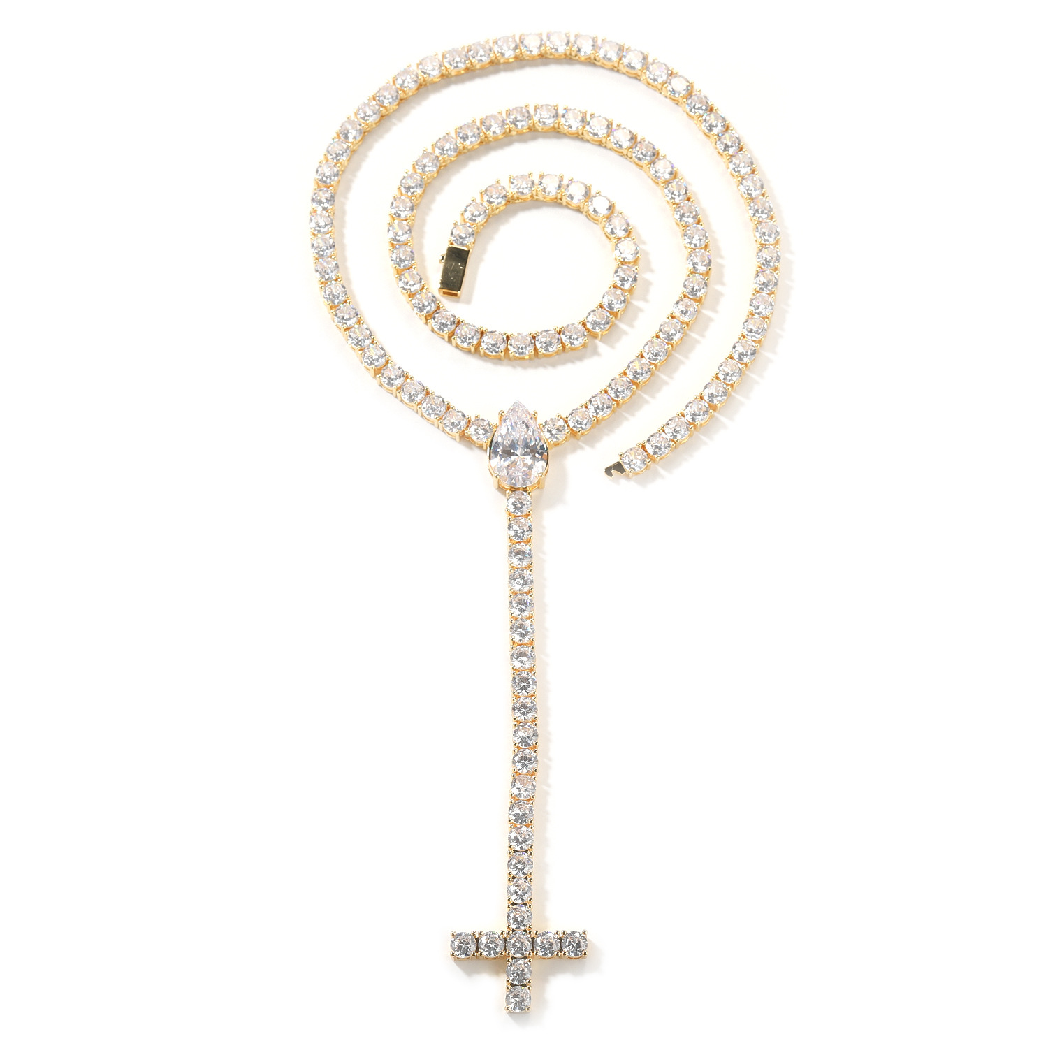 Hip Hop Long Cross Pendant Necklace 5mm Tennis Chain 5A Zircons Choke Chain Religious Jewelry