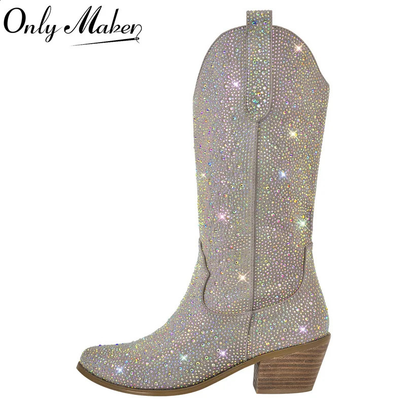 Onlymaker Women Side Zipper Knee High Boots Rhinestone Booties Glitter Bling Shiny Western Pointed Toe Block Heel Cowgirl Boot 250411