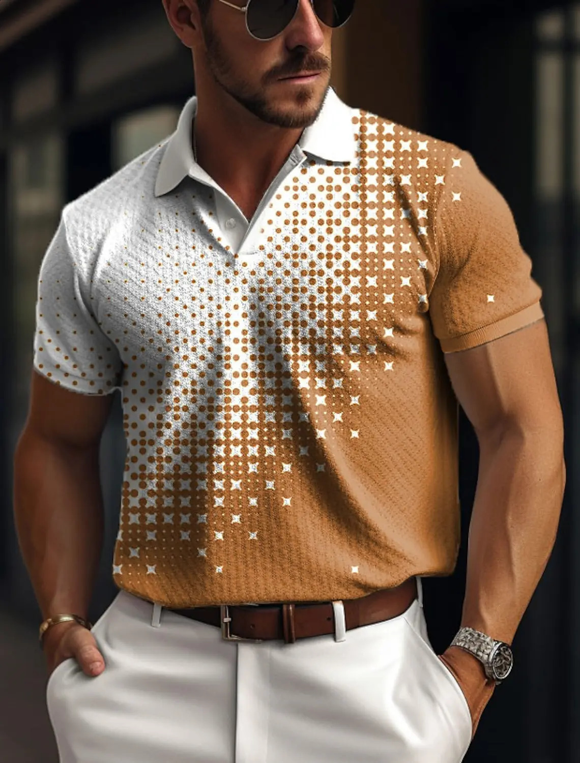 Mens polo shirt with buttons polo collar golf shirt plain weave pattern geometric street casual mesh fabric short sleeved 250409