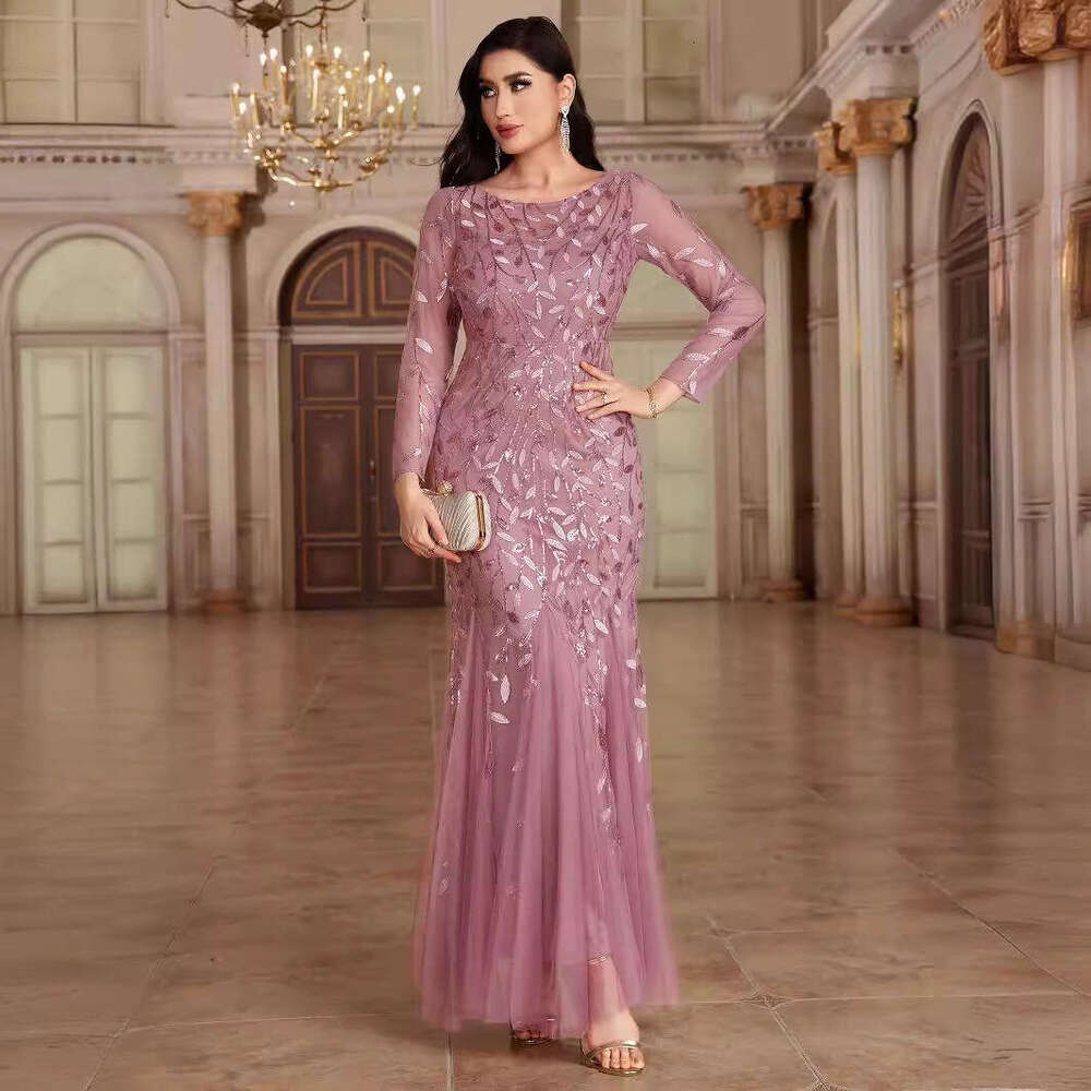 Designer 2025 Hot Selling Long Sleeved Round Neck Back Zippered Fishtail Banquet Evening Dress For Women