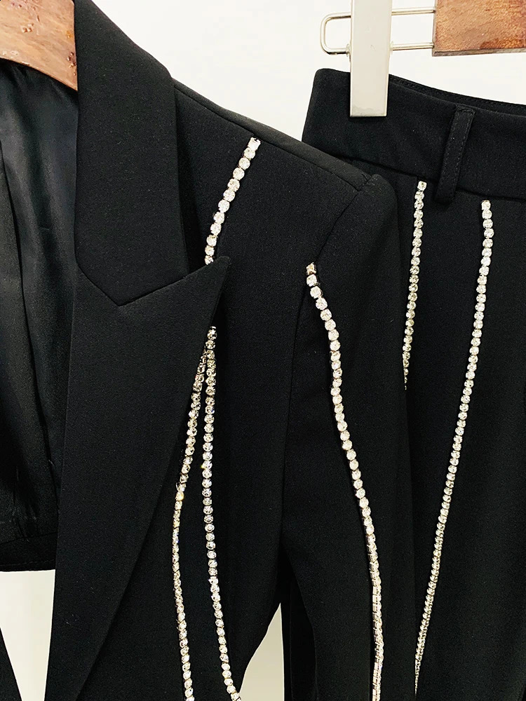 High Street est Fashion er Set Womens Single Button Hollow Diamond Bead Trail Blazer Flash Pants Set 250410