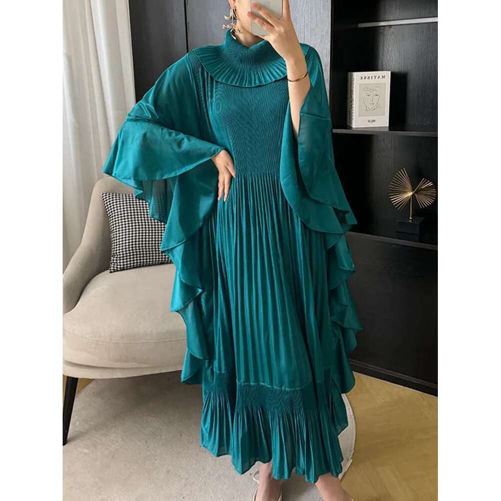 Miyake Pleated Long Party Dress Fashion Elegant Ruffles Spliced Batwing Sleeves Loose Solid Color Dresses 2024 Autumn New