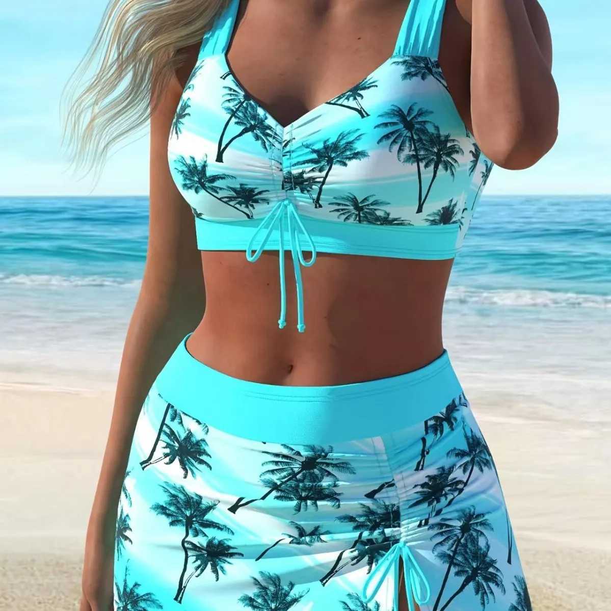 bathing suit women 2025 printed suspenders beach plus size swimsuit three-piece womens conservative shorts hot spring swimsuiW251113