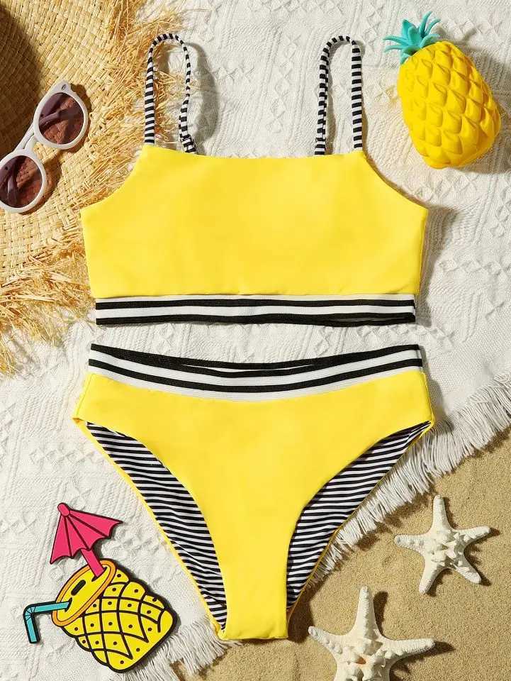 Tape Trim Girl Swimsuit Kids Sport Two Piece Childrens Swimwear 7-14 Years Teenage Bikini Set Girls Bathing Suit BeachwearW251113